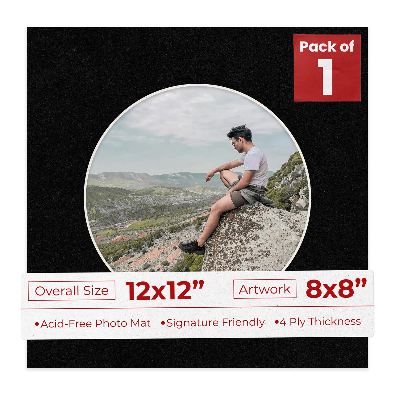 Black with Black Core Mat Board for 12x12 Frames - Circle Opening for 8x8 Photos